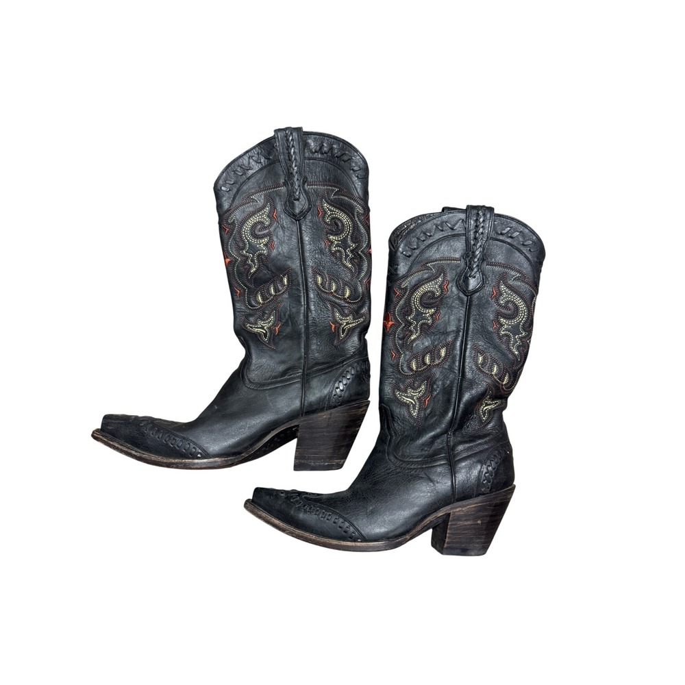 Lucchese Womens Black Leather Embroidered Western Cowboy Boots Pointed Toe S8.5 - Picture 7 of 10
